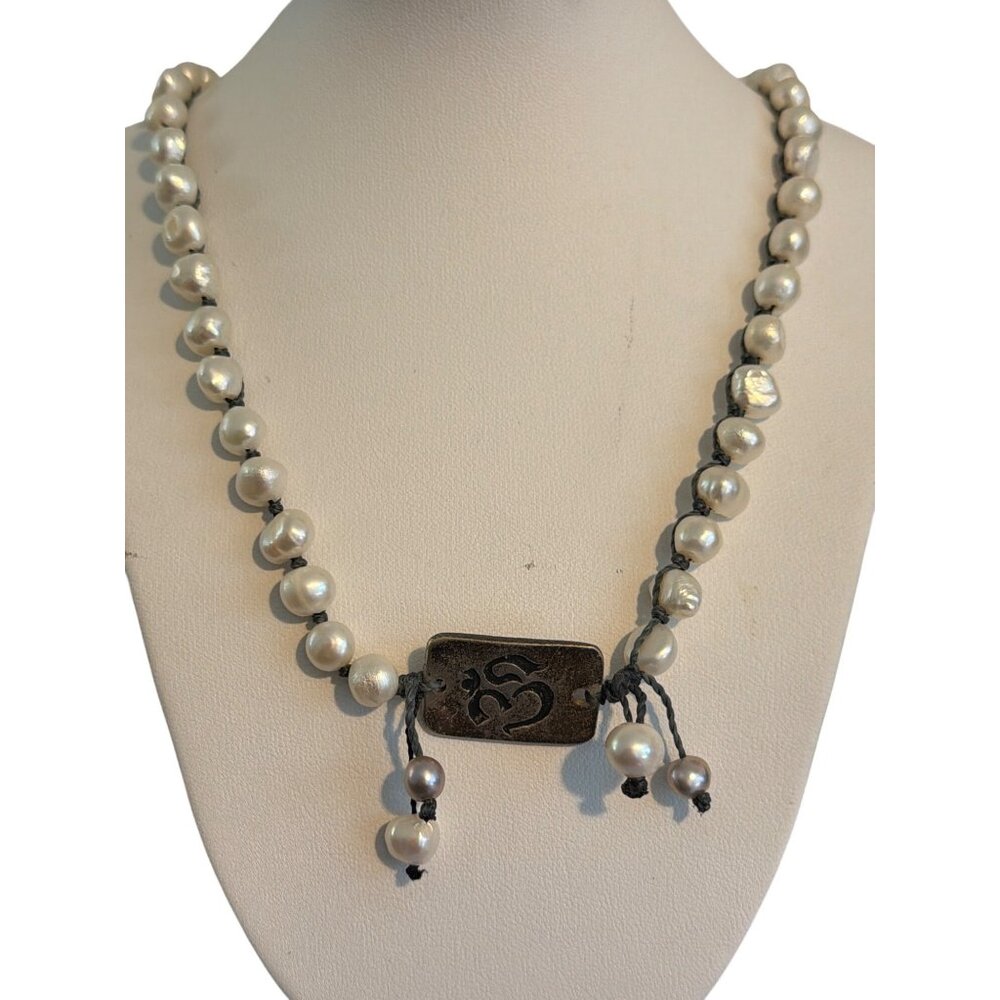 Freshwater Pearl Knotted Cord Necklace Silver Tone Engraved Om Symbol 20"